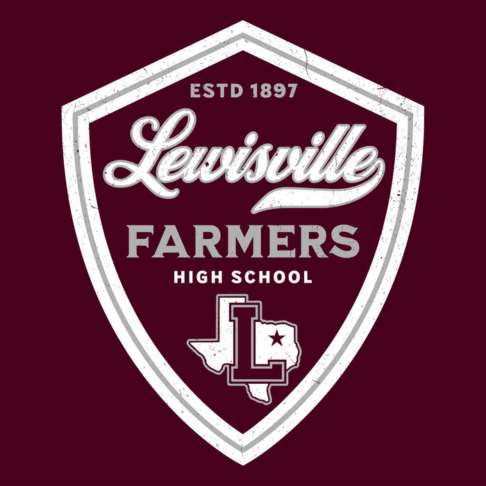 Lewisville Farmers High School logo with a shield design on a maroon background