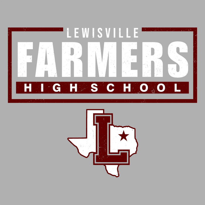 Lewisville Farmers High School logo with a Texas-shaped letter 'L' on a gray background