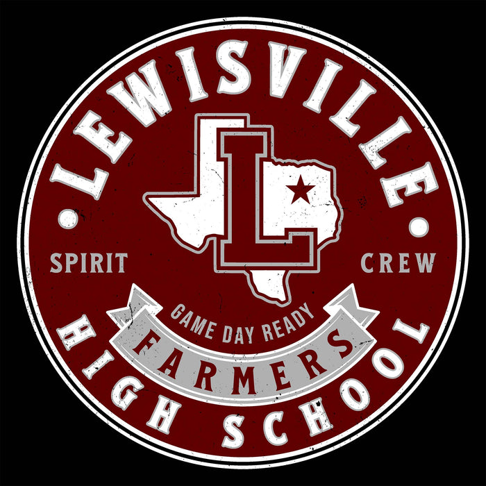 Circular logo with 'Lewisville High School Farmers' text and design on a red background