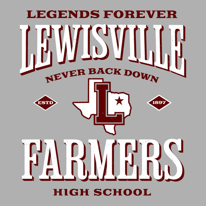 Gray t-shirt with 'Lewisville Farmers High School' design featuring a map of Texas and text.