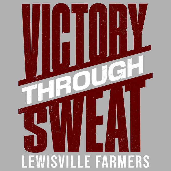 Motivational quote 'Victory Through Sweat' with branding on a gray background - Lewisville Farmers design 241