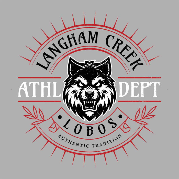 Close-up view of Langham Creek High School Lobos Unisex 3/4 sleeve Raglan T-shirt 201