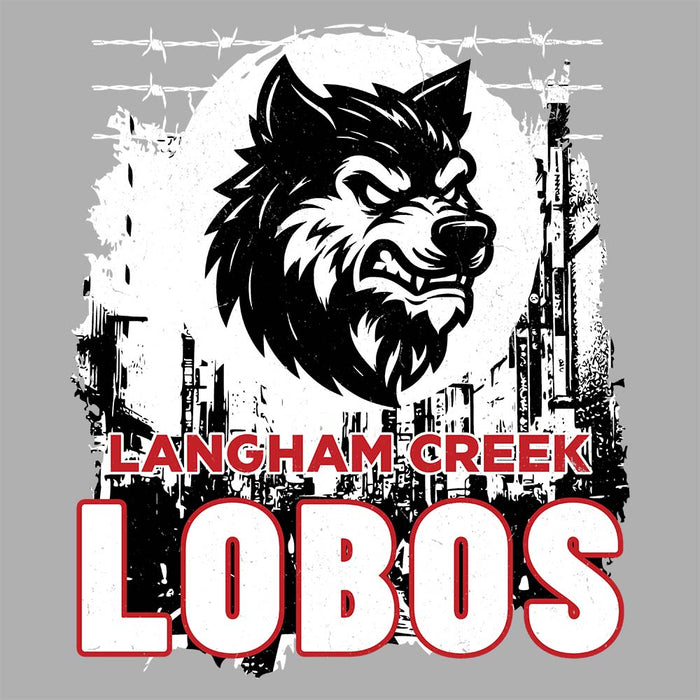 Close-up view of Langham Creek High School Lobos Unisex 3/4 sleeve Raglan T-shirt 202