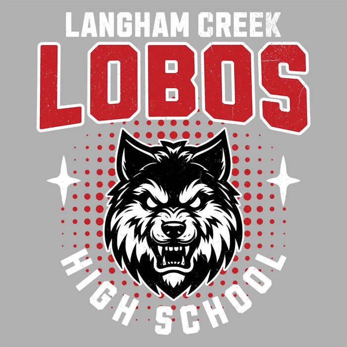 Close-up view of Langham Creek High School Lobos Unisex 3/4 sleeve Raglan T-shirt 204