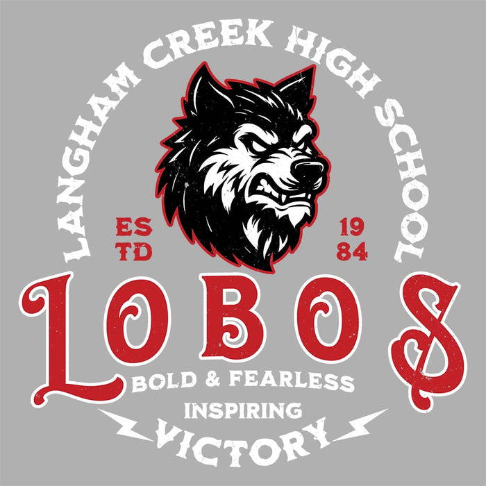 Close-up view of Langham Creek High School Lobos Unisex 3/4 sleeve Raglan T-shirt 206