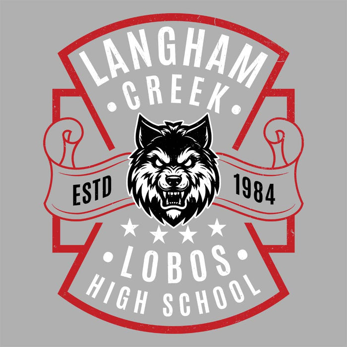 Close-up view of Langham Creek High School Lobos Unisex 3/4 sleeve Raglan T-shirt 207