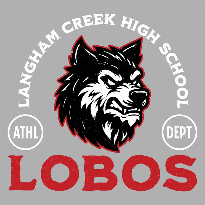 Close-up view of Langham Creek High School Lobos Unisex 3/4 sleeve Raglan T-shirt 208