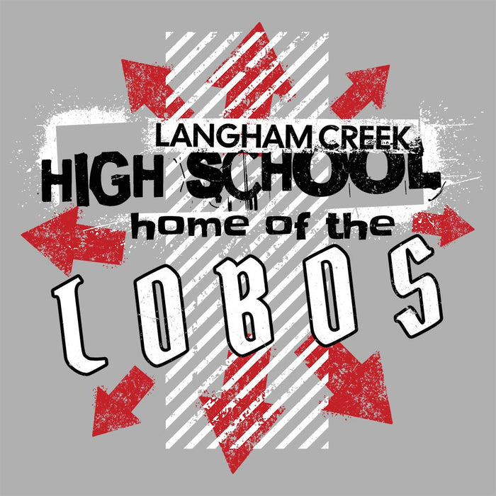 Close-up view of Langham Creek High School Lobos Unisex 3/4 sleeve Raglan T-shirt 210