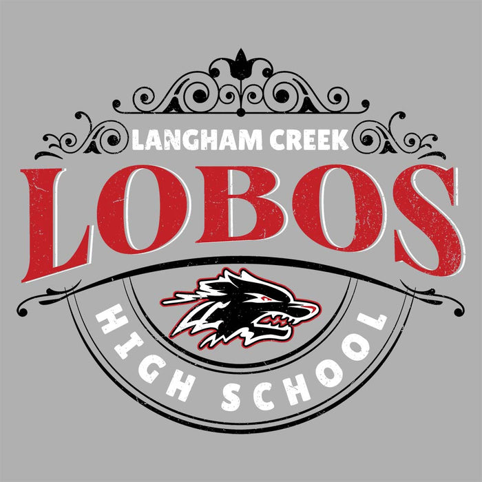 Close-up view of Langham Creek High School Lobos Unisex 3/4 sleeve Raglan T-shirt 211