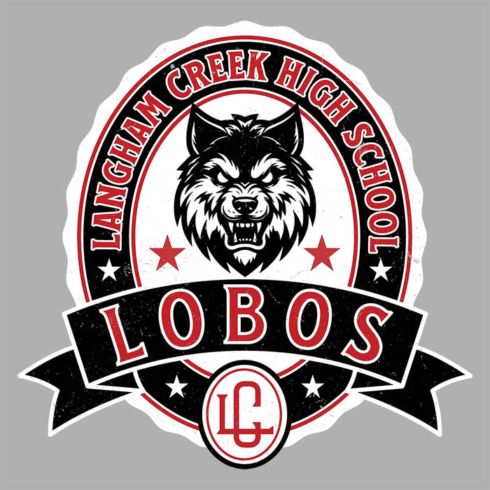 Close-up view of Langham Creek High School Lobos Unisex 3/4 sleeve Raglan T-shirt 212