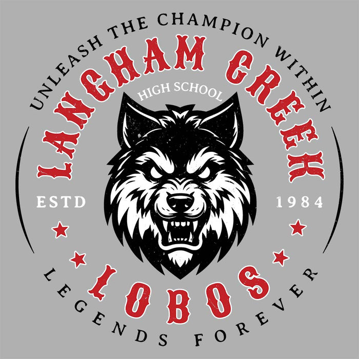 Close-up view of Langham Creek High School Lobos Carbon Grey Premium Unisex Hoodie 214