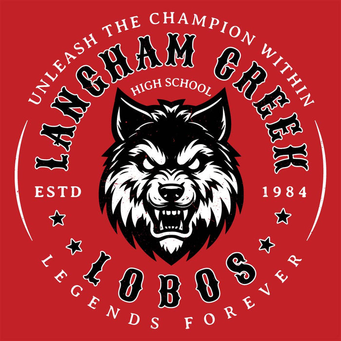 Close-up view of Langham Creek High School Lobos Red Classic Unisex T-shirt 214