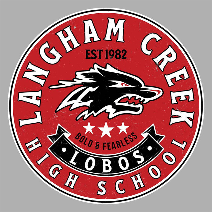 Close-up view of Langham Creek High School Lobos Unisex 3/4 sleeve Raglan T-shirt 215