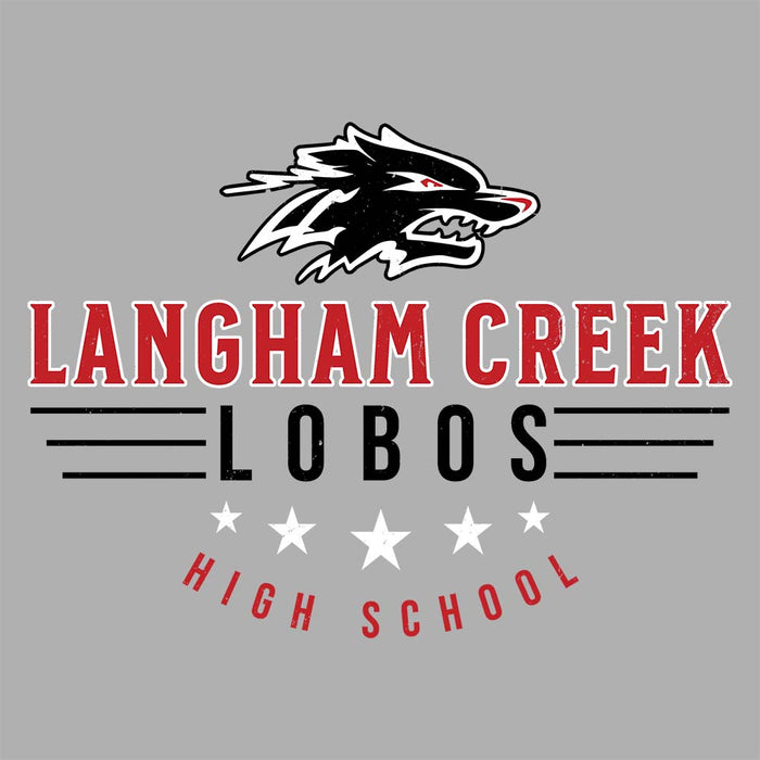 Close-up view of Langham Creek High School Lobos Unisex 3/4 sleeve Raglan T-shirt 217