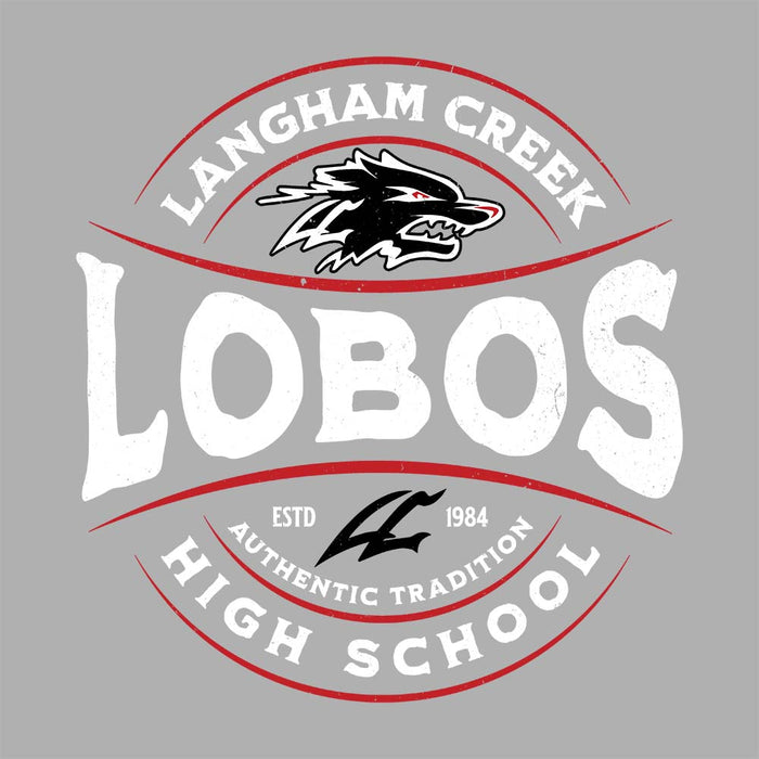 Close-up view of Langham Creek High School Lobos Unisex 3/4 sleeve Raglan T-shirt 218