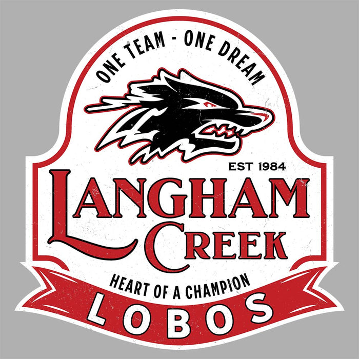 Close-up view of Langham Creek High School Lobos Unisex 3/4 sleeve Raglan T-shirt 221