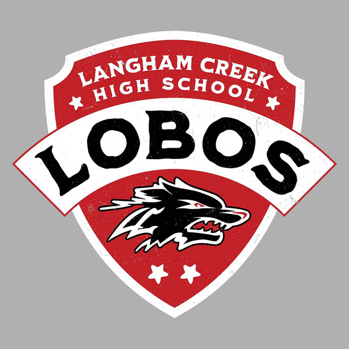 Close-up view of Langham Creek High School Lobos Unisex 3/4 sleeve Raglan T-shirt 221