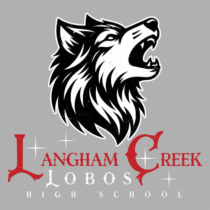 Close-up view of Langham Creek High School Lobos Unisex 3/4 sleeve Raglan T-shirt 224