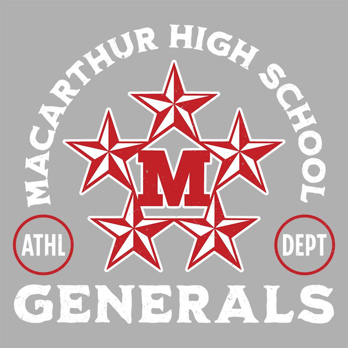 Close-up view of MacArthur High School Generals Unisex 3/4 sleeve Raglan T-shirt 208