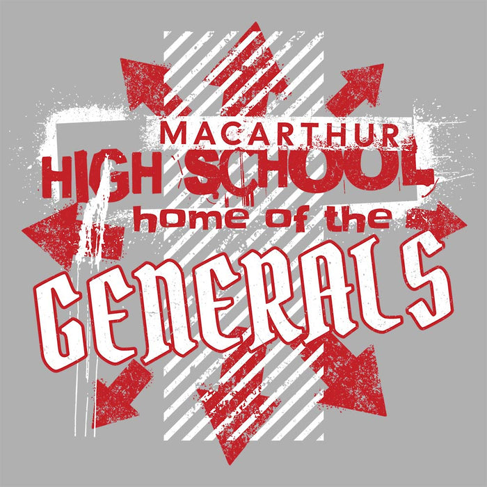 Close-up view of MacArthur High School Generals Unisex 3/4 sleeve Raglan T-shirt 210