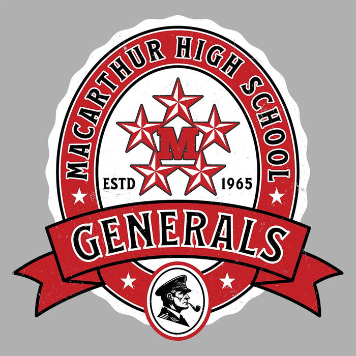 Close-up view of MacArthur High School Generals Unisex 3/4 sleeve Raglan T-shirt 212