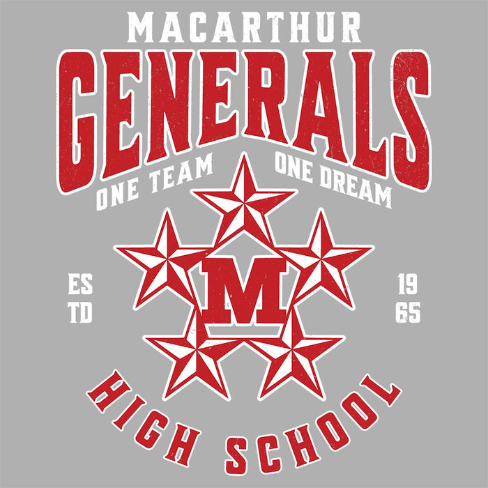 Close-up view of MacArthur High School Generals Unisex 3/4 sleeve Raglan T-shirt 213