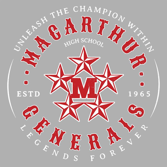 Close-up view of MacArthur High School Generals Unisex 3/4 sleeve Raglan T-shirt 214