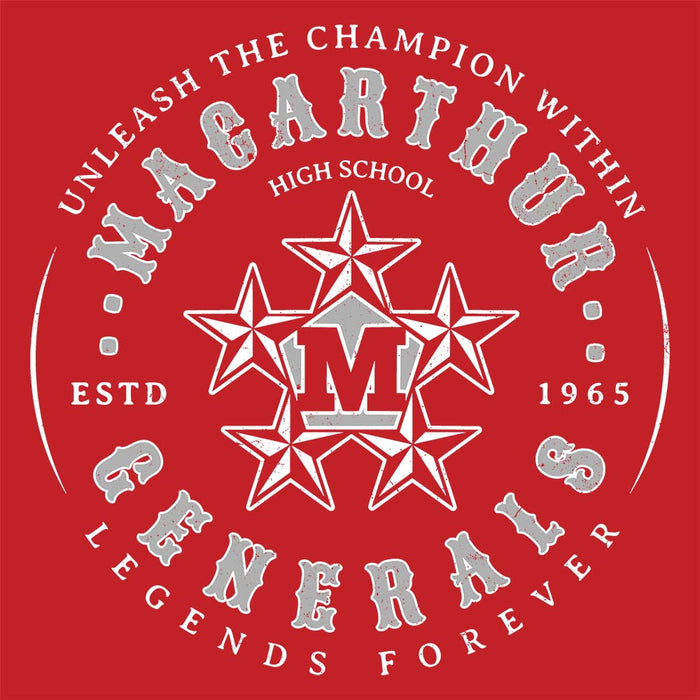 Close-up view of MacArthur High School Generals Red Classic Unisex Hoodie 214