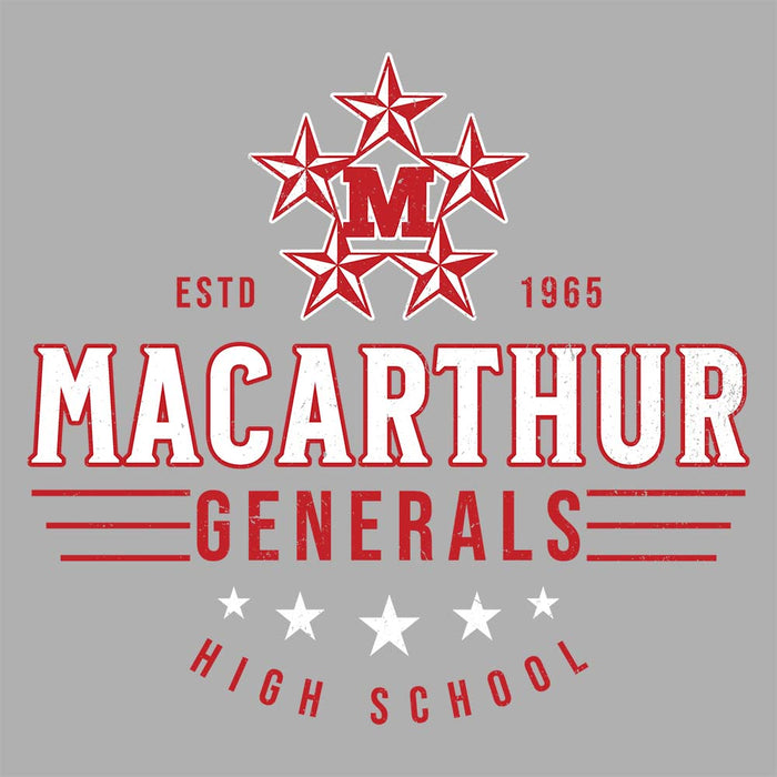 Close-up view of MacArthur High School Generals Unisex 3/4 sleeve Raglan T-shirt 217