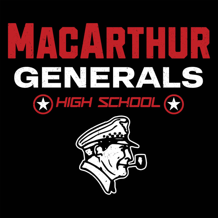 MacArthur Generals High School logo with red and white text on a black background - Design 003