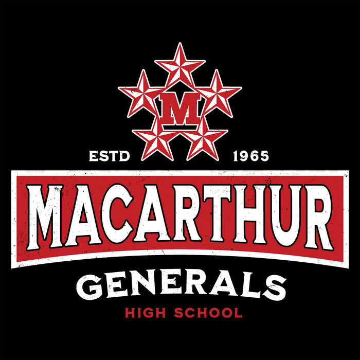 MacArthur Generals high school logo with red stars and text on a black background - Design 202