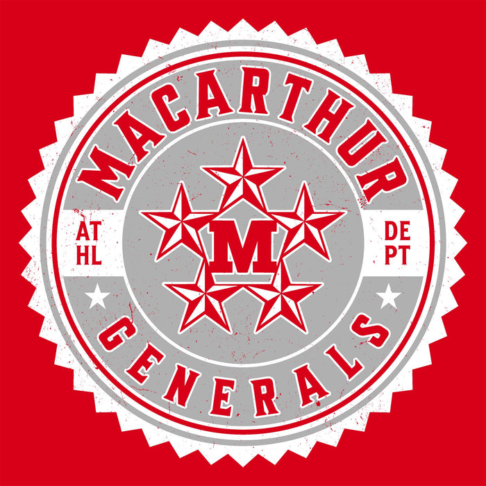 MacArthur Generals logo with red stars and text on a red background - 203