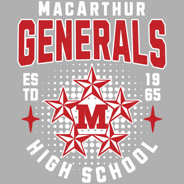 MacArthur Generals High School logo with red stars and text on a gray background - Design 204