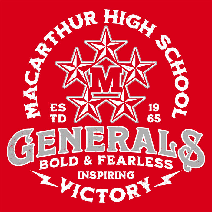 MacArthur High School General's logo with stars and text on a red background - 206