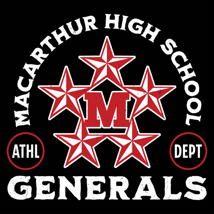Close-up view of MacArthur High School Generals Unisex 3/4 sleeve Raglan T-shirt 208