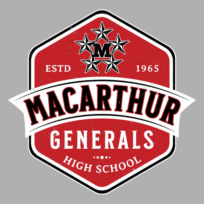 MacArthur Generals High School logo with red and black design on a gray background - Design 209