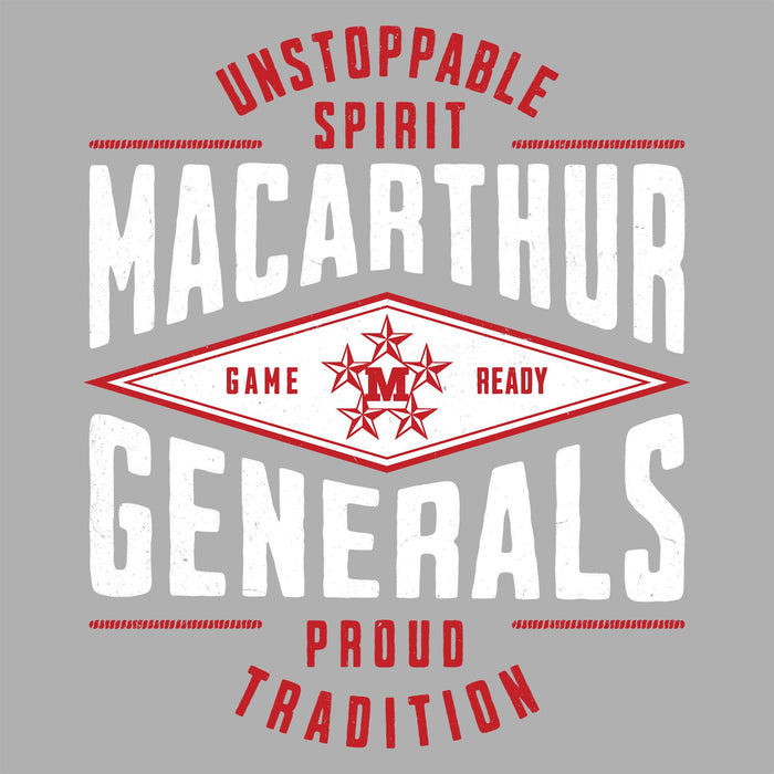 Close-up view of MacArthur High School Generals Unisex 3/4 sleeve Raglan T-shirt 210