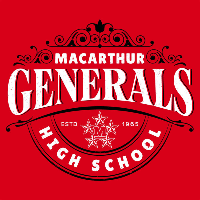 MacArthur Generals High School logo on a red background - Design 211