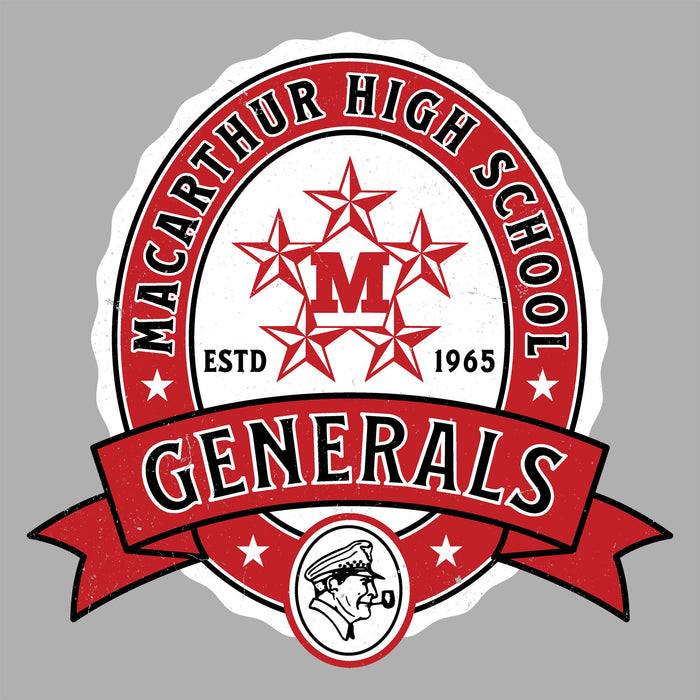 Close-up view of MacArthur High School Generals Unisex 3/4 sleeve Raglan T-shirt 212