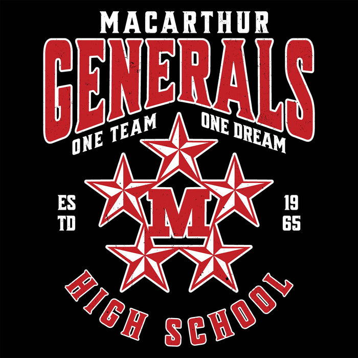 MacArthur Generals high school logo with red text and stars on a black background - Design 213