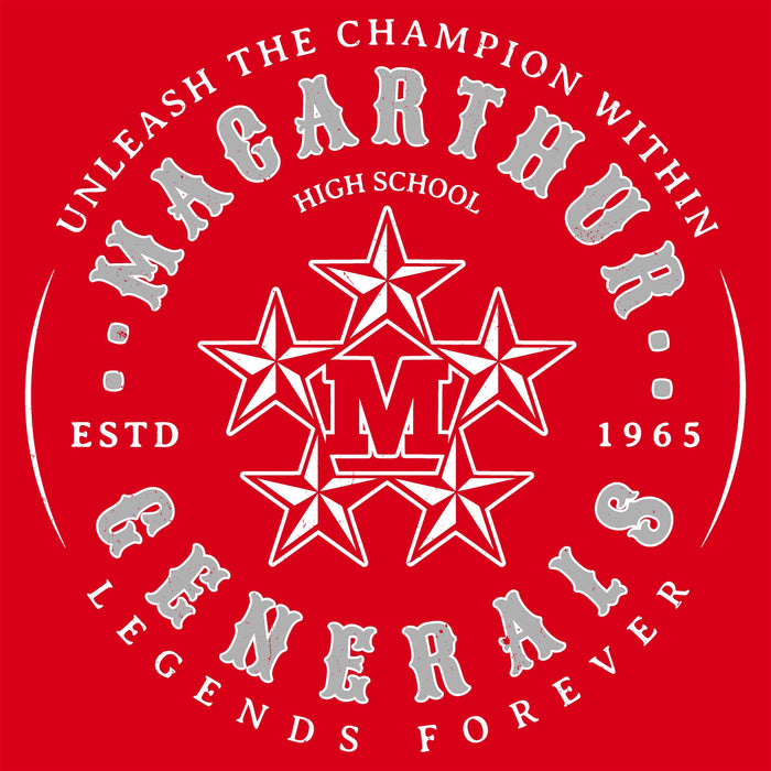 Red and white logo with stars and text on a red background - MacArthur Generals design 214