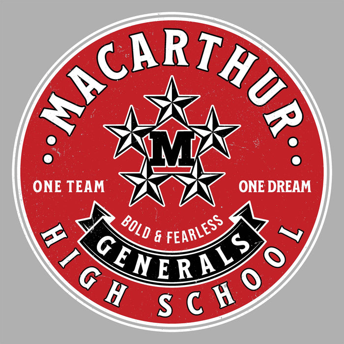 Circular logo for MacArthur High School Generals with stars and text on a red background - Design 215