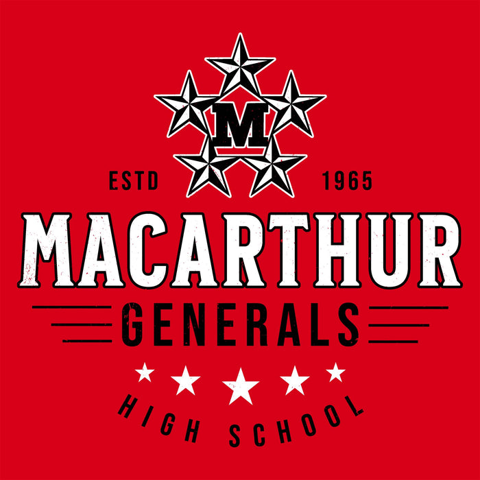 MacArthur Generals High School logo with stars and text on a red background - Design 217