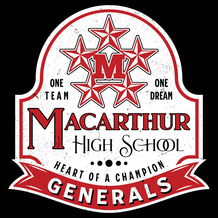MacArthur High School Generals logo with red stars and text on a white background - Design 219