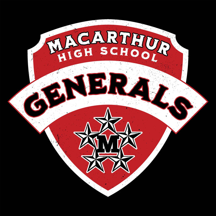 MacArthur High School Generals logo with red, white, and black colors on a black background - Design 221