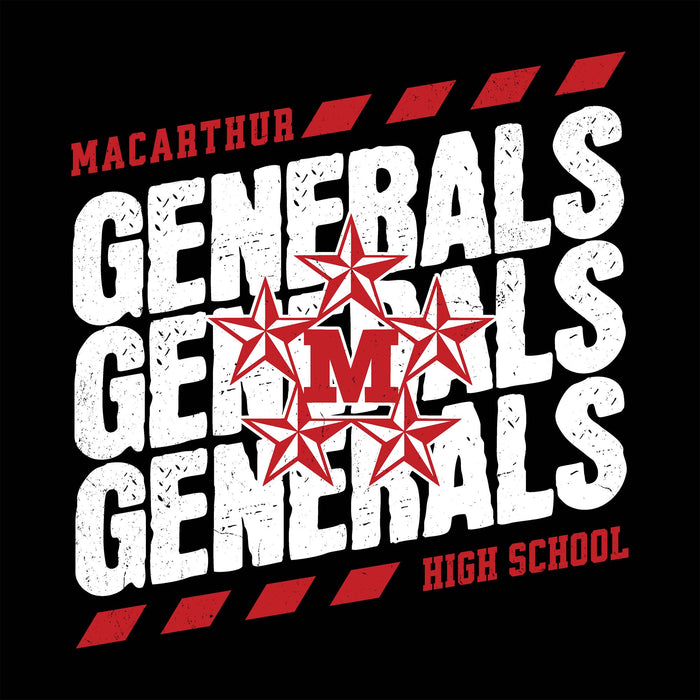 MacArthur Generals High School logo with red stars and text on a black background - Design 223