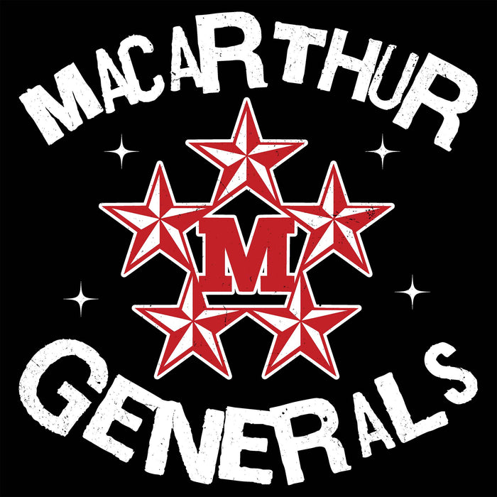 Logo of MacArthur Generals with red stars and white text on a black background - Design 228