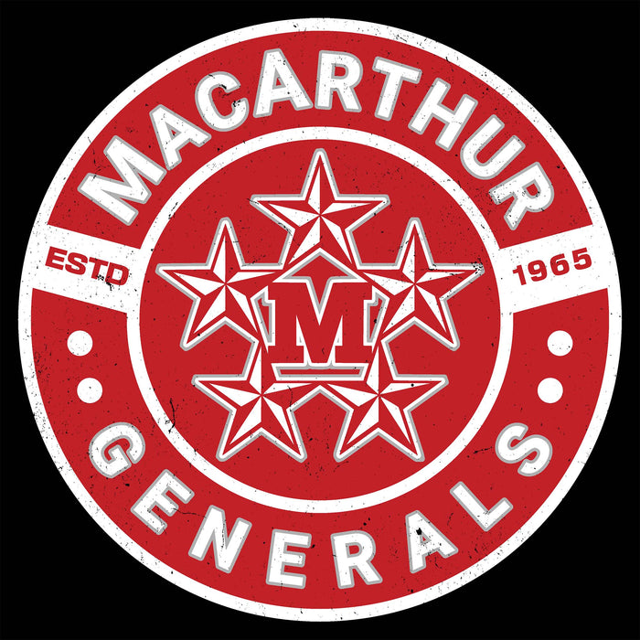 MacArthur Generals logo with red and white design on a black background - Design 239