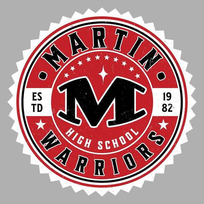 Close-up view of Martin High School Warriors Unisex 3/4 sleeve Raglan T-shirt 203