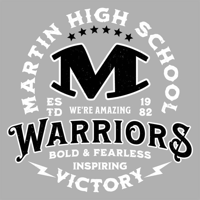 Close-up view of Martin High School Warriors Unisex 3/4 sleeve Raglan T-shirt 206